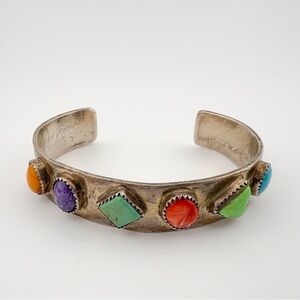 Vintage JB Signed 900 Coin Silver Multi-Stone Turquoise Cuff Bracelet 42.7g 7.5”